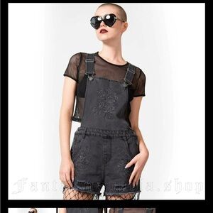 Killstar Blackbell Denim Overalls with Floral Detail